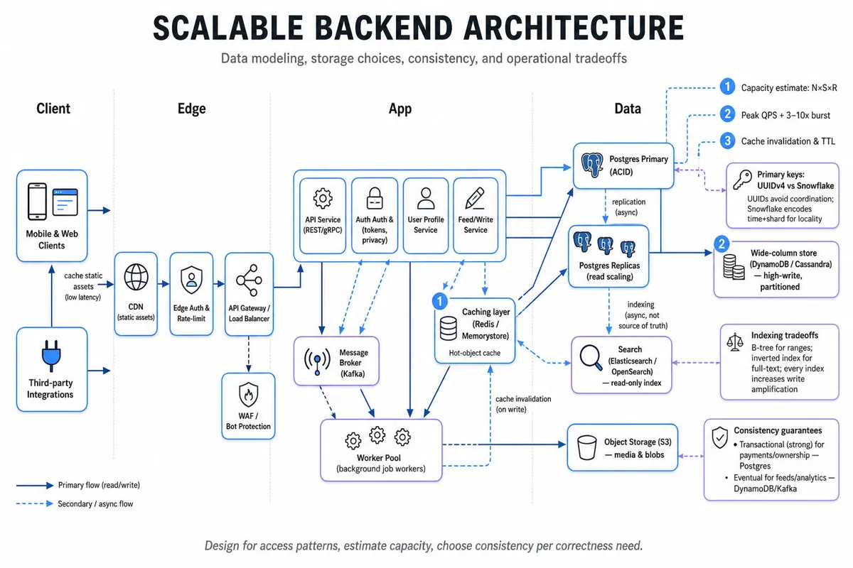 Clean architecture infographic showing client → edge → app → data layers: API gateway, LB, microservices, Kafka, Redis cache, Postgres primary+replicas, DynamoDB/Cassandra, Elasticsearch, S3; arrows for read/write and consistency notes.