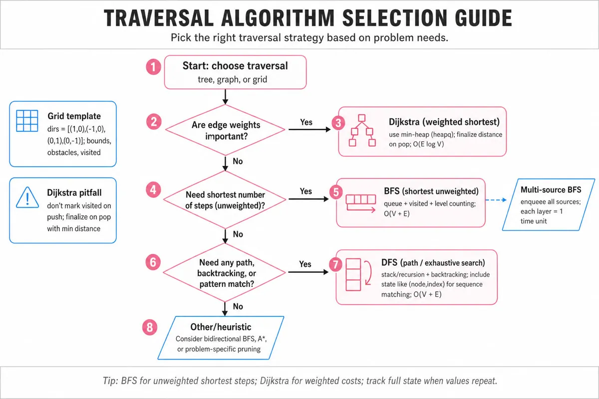 Top-to-bottom decision flowchart guiding when to use DFS, BFS, or Dijkstra for tree/graph/grid traversal, with short action boxes and a small templates callout.
