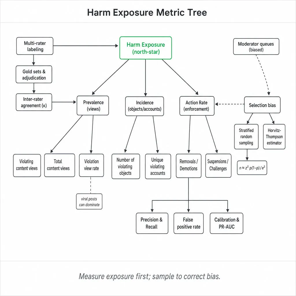 Hierarchical metric tree: Harm Exposure (north-star) at top, branching to Prevalence, Incidence, Action Rate, with supporting nodes for sampling, selection bias, labeling quality, classifier metrics, and sample-size formula.