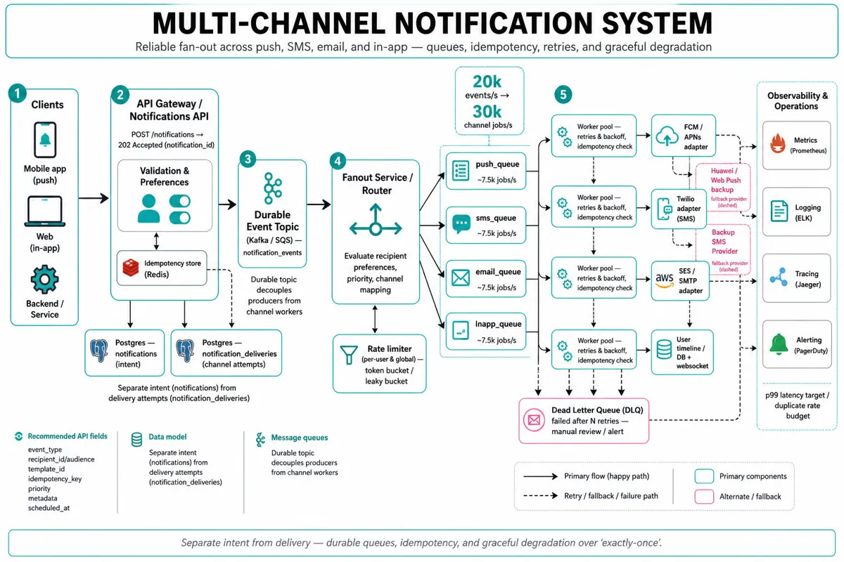Left-to-right architecture infographic of a multi-channel notification system showing clients → API Gateway → validation & preferences → Kafka topic → fanout → per-channel queues → worker pools → provider adapters, plus DBs, rate limiter, DLQ, and observability.