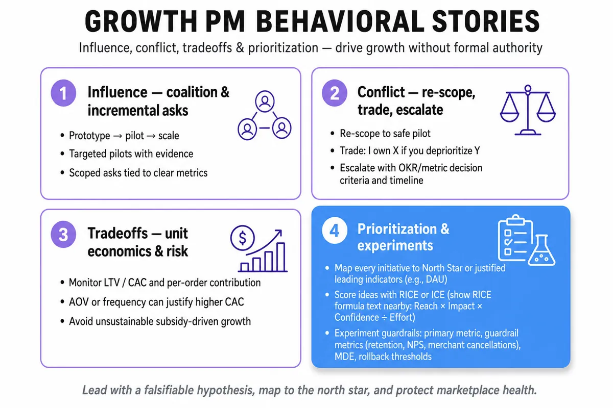 2x2 matrix infographic showing Growth PM behavioral stories: Influence, Conflict, Tradeoffs (unit economics), and Prioritization & Experiments (highlighted). Each quadrant has a numbered badge and 3–4 short bullets.