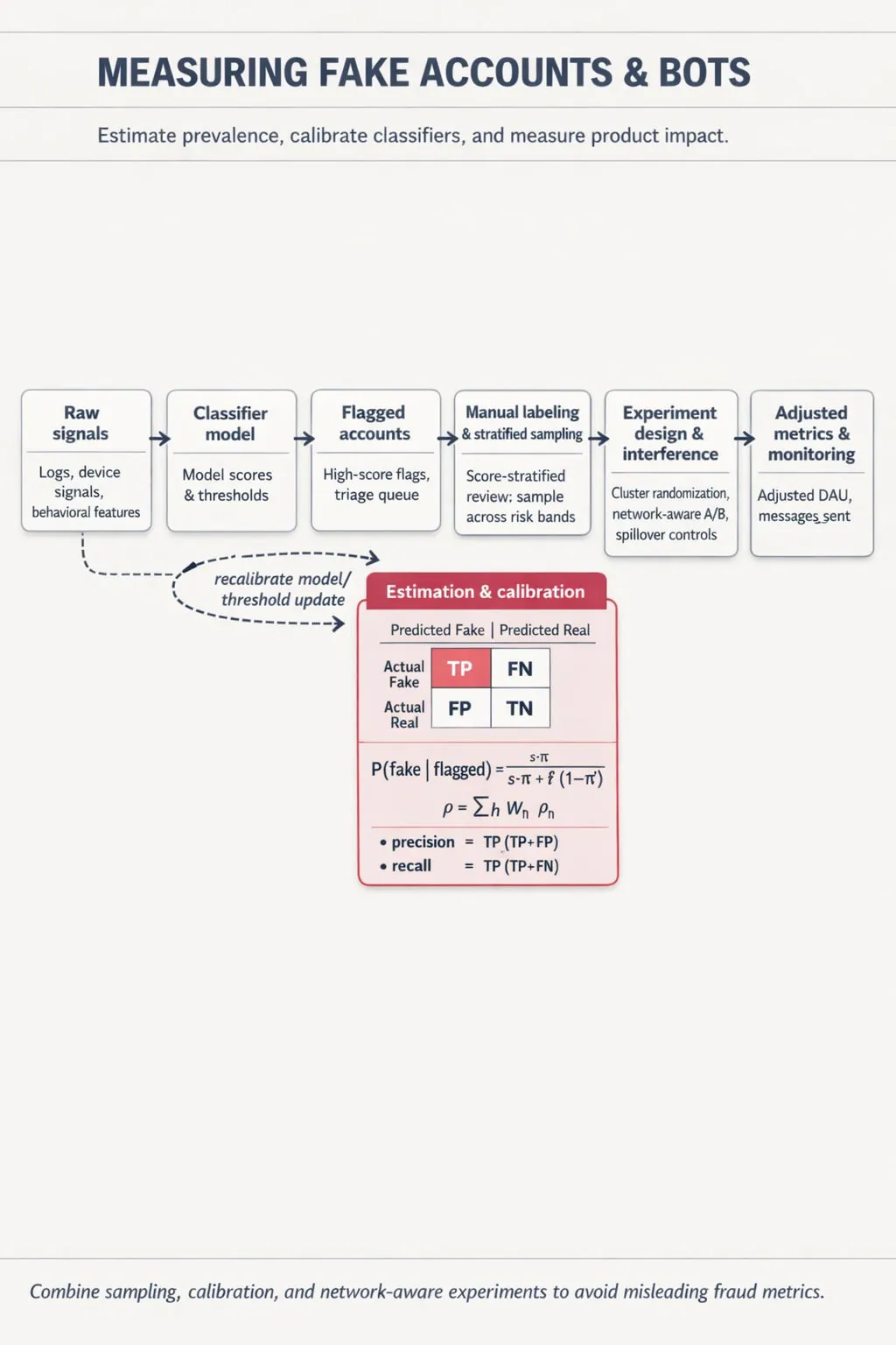 Portrait editorial infographic: horizontal ML pipeline from raw signals to adjusted metrics; includes classifier, flagging, manual stratified labeling, confusion matrix and prevalence formula, experiment design, and final dashboard.