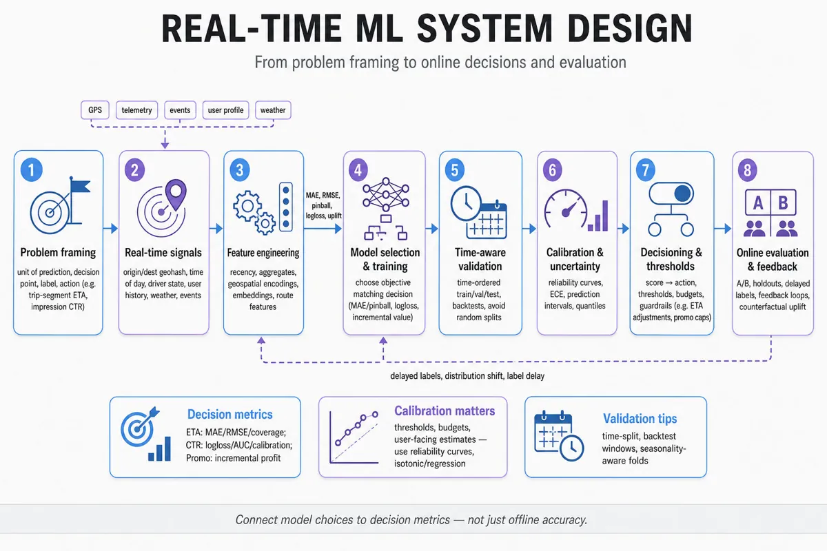 Landscape editorial infographic: horizontal ML pipeline for real-time decisions showing stages from problem framing, real-time signals, feature engineering, model training, time-aware validation, calibration, decisioning, online evaluation and feedback loops.