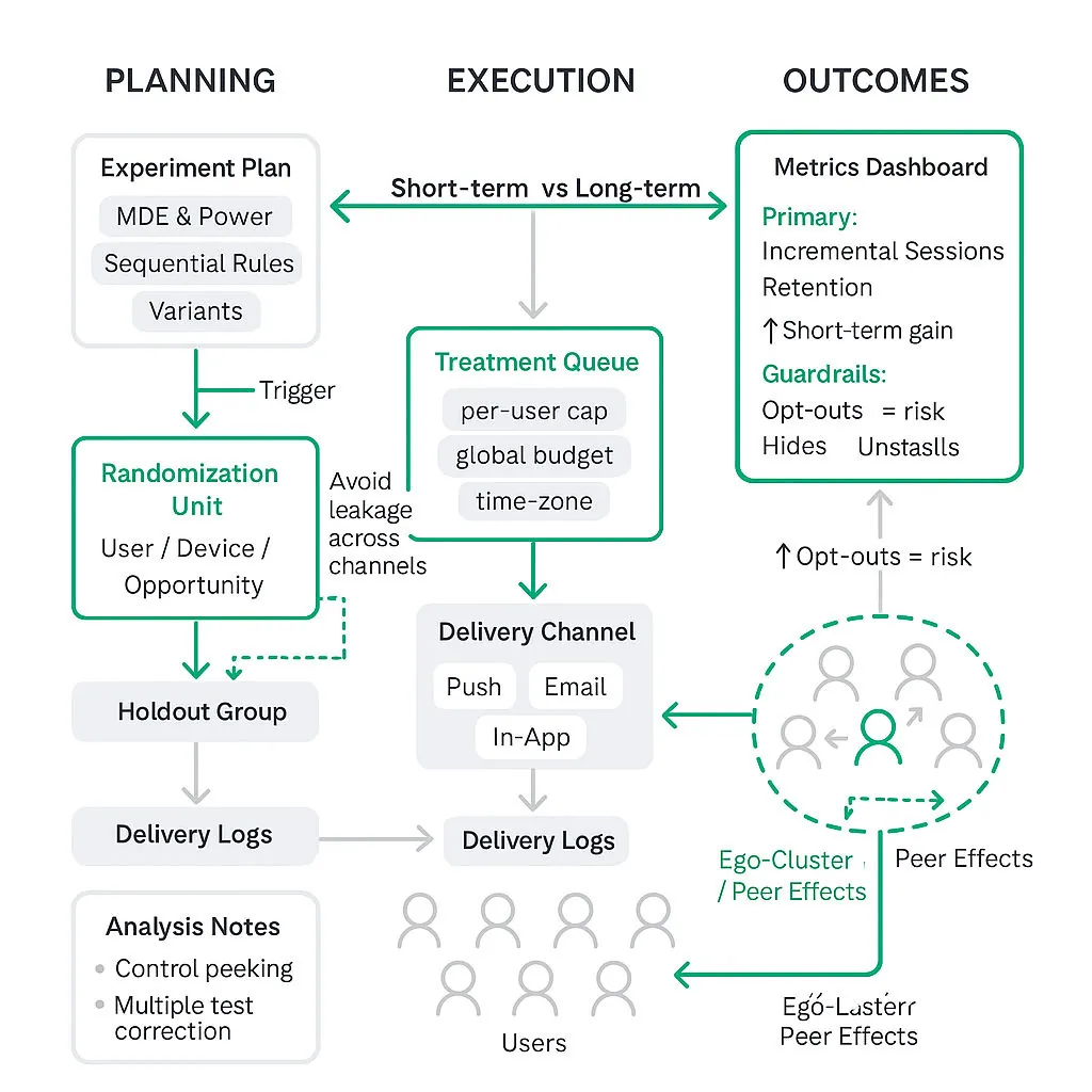 Flowchart of notification experiment pipeline: generator → randomization → delivery queue and throttling → holdouts/interference → metrics and guardrails.