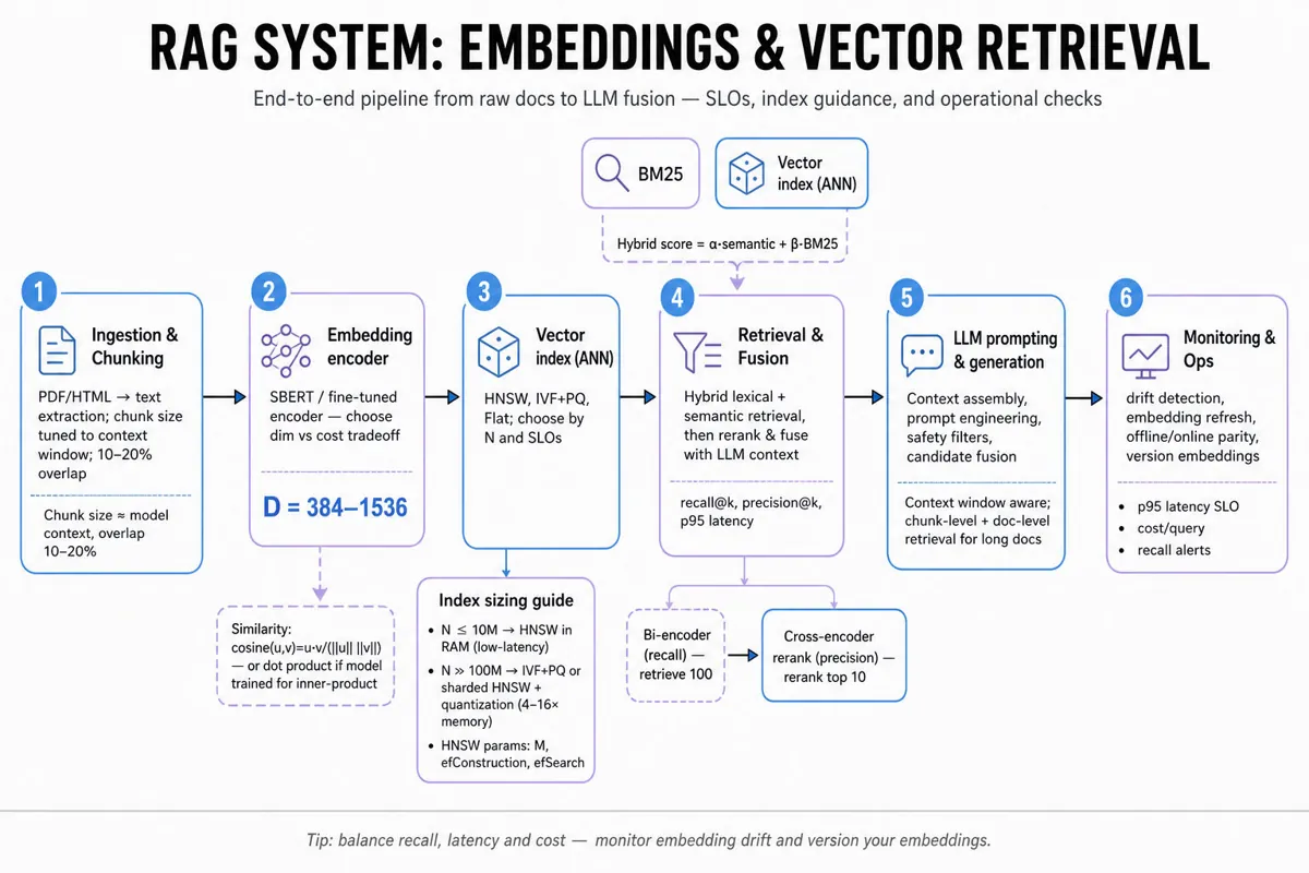 Horizontal editorial infographic of an end-to-end RAG pipeline showing stages: ingestion & chunking, embedding encoding, vector indexing, retrieval & fusion (hybrid + two‑stage), LLM prompting, and monitoring with SLO callouts and index sizing guide.