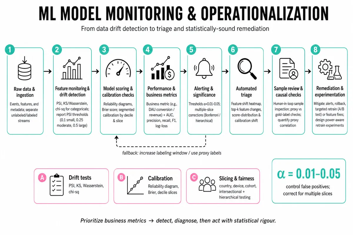 Horizontal editorial infographic showing an end-to-end ML monitoring pipeline from raw data to alert -> triage -> remediation, with metric badges (AUC, Brier, PSI), drift tests, and remediation options.