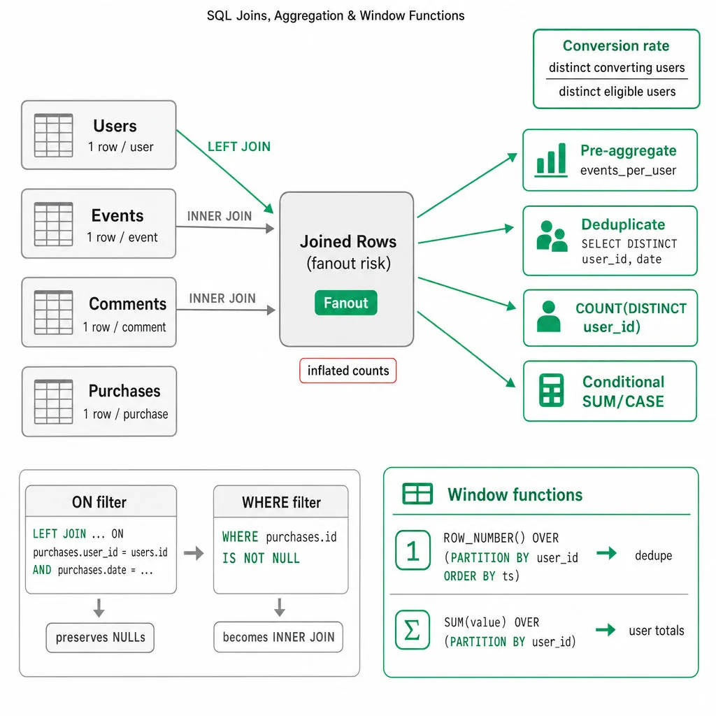 Flowchart showing tables (Users, Events, Comments, Purchases), join types, fanout risk, solutions (pre-aggregate, dedupe, COUNT(DISTINCT)), filter placement (ON vs WHERE), and window function examples.