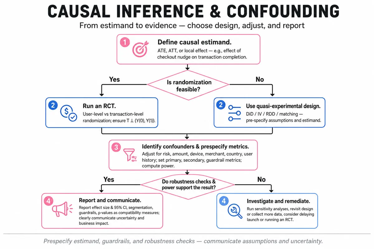 Top-to-bottom decision flowchart: define causal estimand → is randomization feasible? → RCT or quasi-experimental → identify confounders & adjust + prespecify metrics & power → robustness checks → report or investigate further.