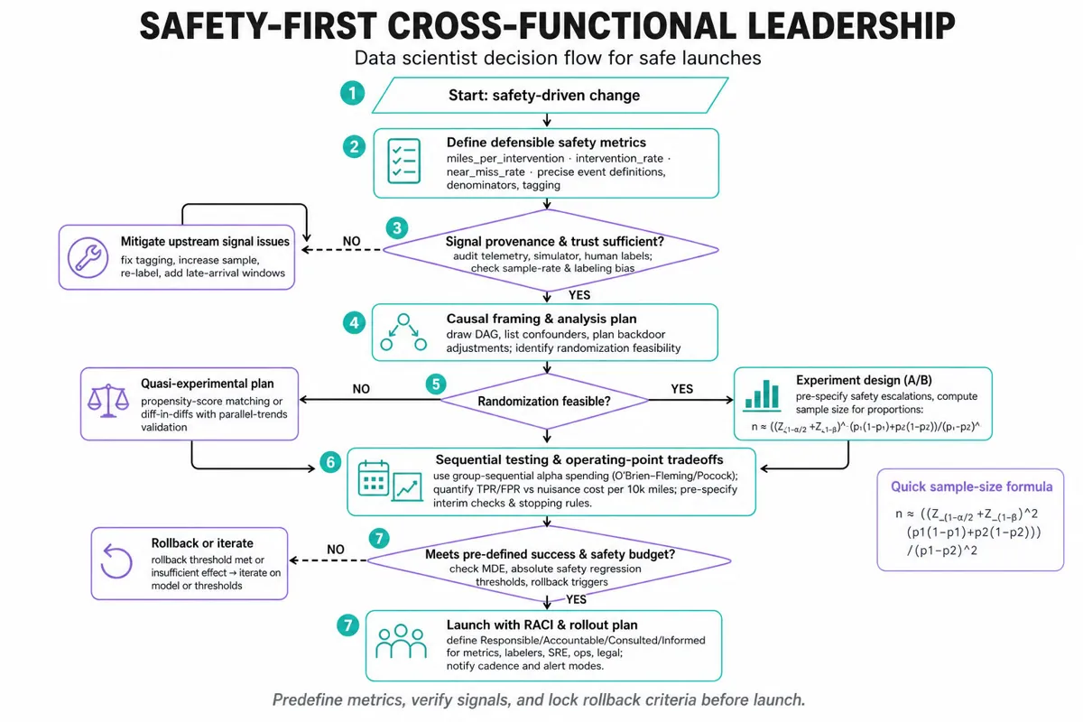 Top-to-bottom decision flowchart showing steps a data scientist leads: define safety metrics, audit signal provenance, design causal/experiment, sequential testing & tradeoffs, decision criteria with launch or rollback and RACI communication.