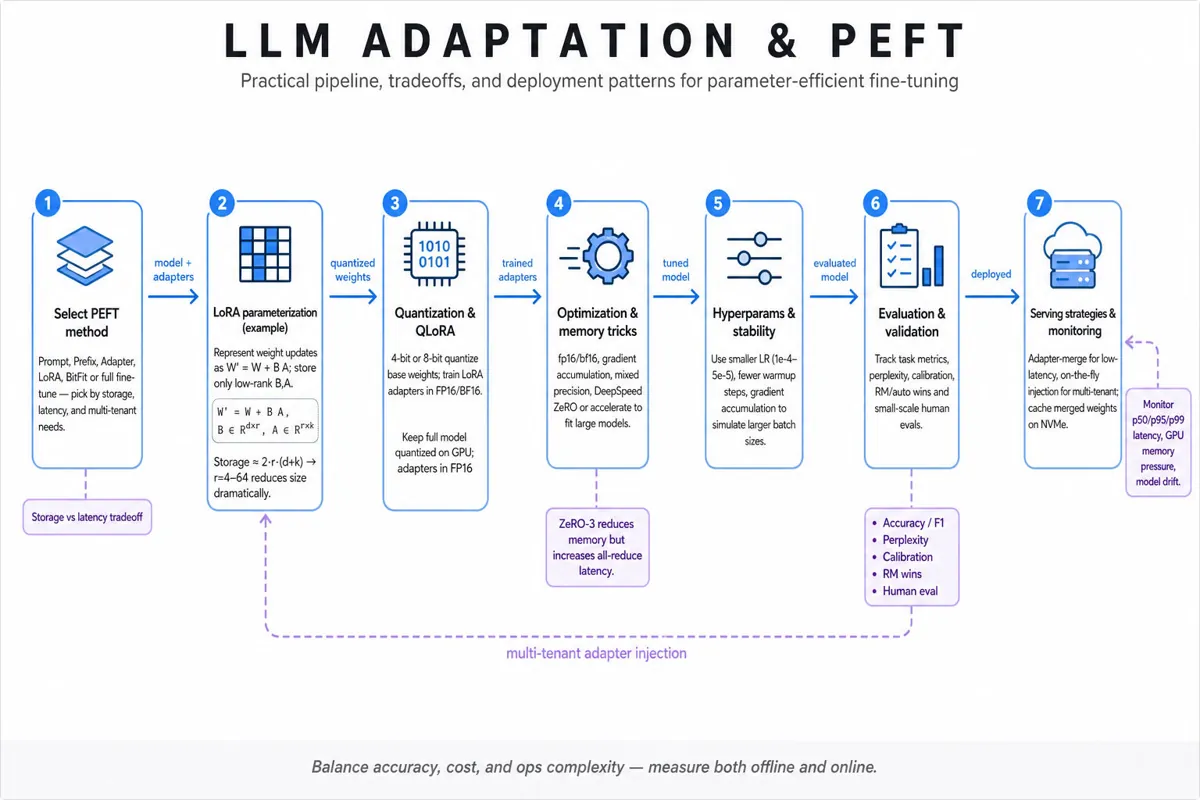 Horizontal editorial infographic showing a left-to-right pipeline for adapting LLMs with PEFT: choose method, LoRA formula, quantization/QLoRA, optimization tricks, evaluation, serving and monitoring.