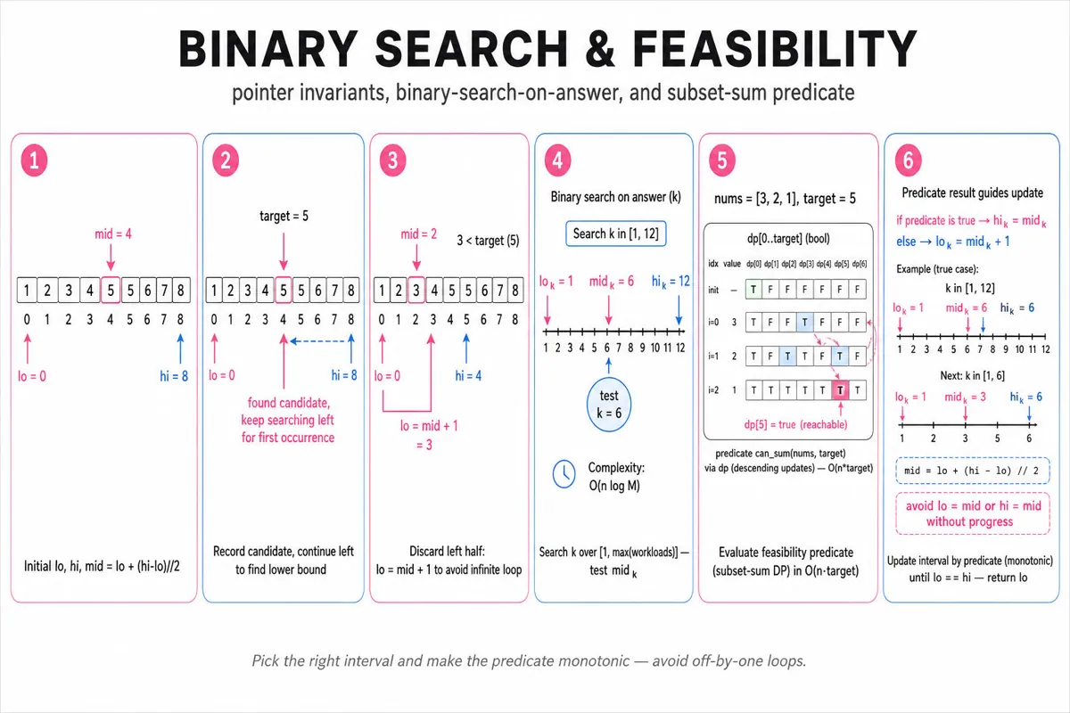 Left-to-right 6-frame trace: first 3 frames show classic binary search / lower-bound on an array with lo/mid/hi pointers; last 3 frames show binary-search-on-answer trying k with an inset showing subset-sum DP boolean array. Clean instructional infographic.