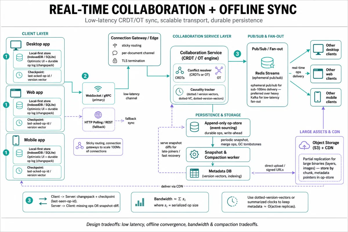 Architecture infographic showing clients with local-first store, WebSocket/gRPC gateways, collaboration service (CRDT/OT), pub/sub fan-out, append-only op-store with snapshots/compaction, and object storage for large assets.