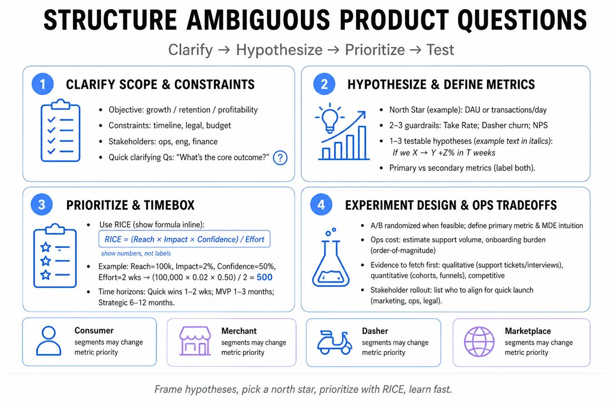 Clean 2x2 infographic matrix: Clarify, Hypothesize & Metrics, Prioritize & Timebox, Experiment & Ops; user-segment row (consumer/merchant/dasher/marketplace) and a one-line takeaway footer.