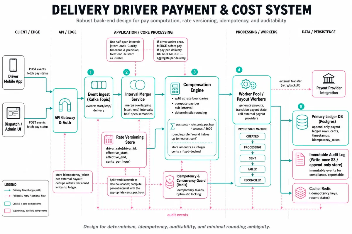 Editorial infographic architecture diagram showing client → API gateway → payment services (interval merger, rate store, compensation engine) → worker pool → ledger DB and audit log, with idempotency, rounding, and timezone notes.