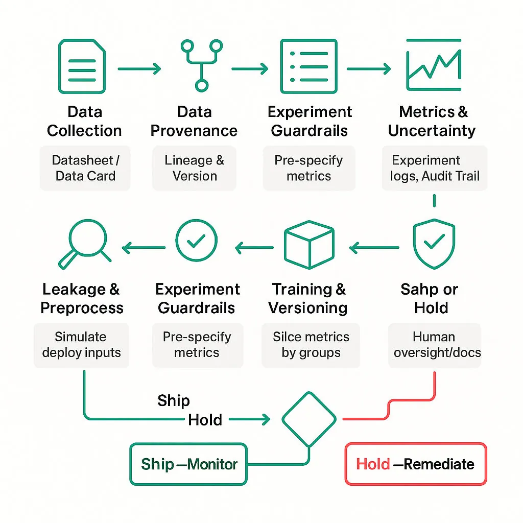 Square flow diagram of an ML lifecycle showing data provenance, leakage checks, experiment guardrails, fairness checks, reproducibility, safety review, and Ship/Hold decision.