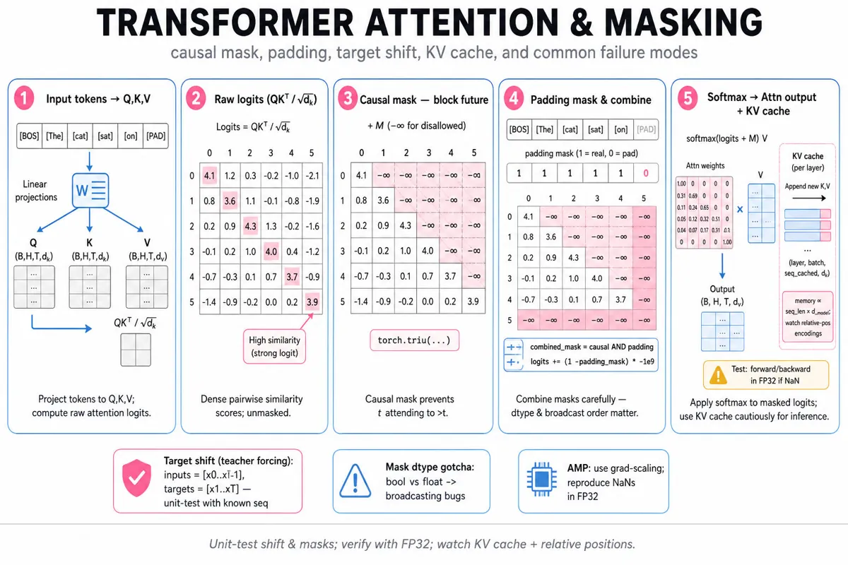 Horizontal 5-frame infographic showing transformer attention flow: tokens → QK^T logits → causal mask triangle → padding mask combined → softmax output and KV-cache inset, with title and footer.