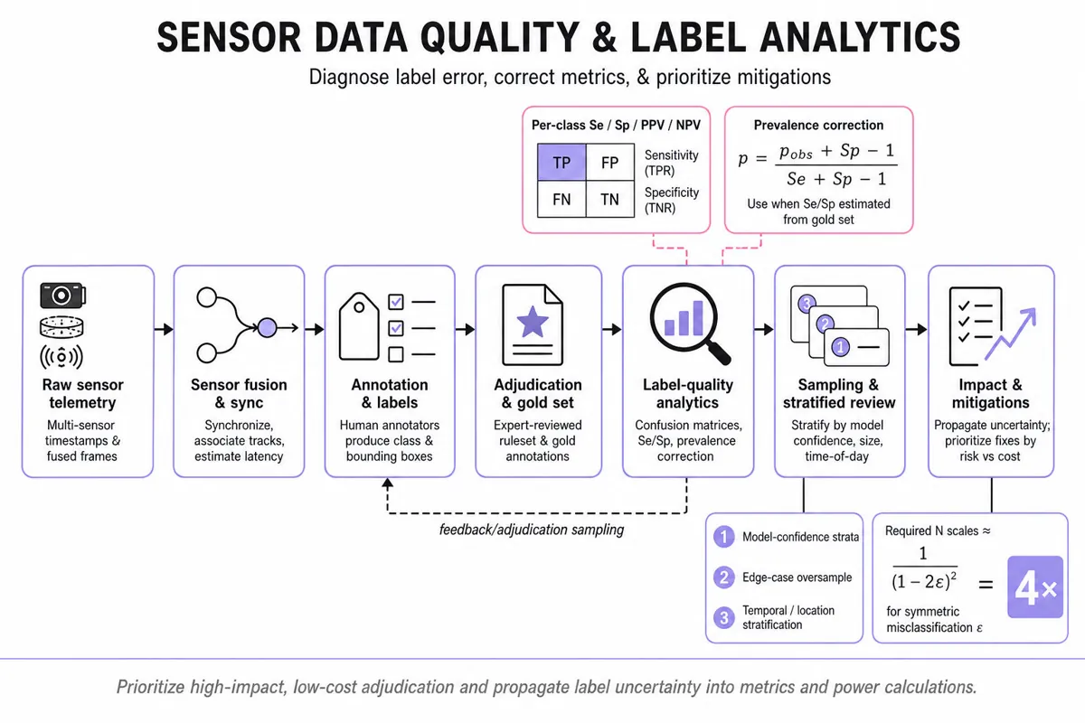 Horizontal infographic pipeline showing stages from raw sensor telemetry to annotation, adjudication, label-quality analytics, sampling strategies, experiment impact, and mitigations, with callout cards for confusion matrix and prevalence-correction formula.