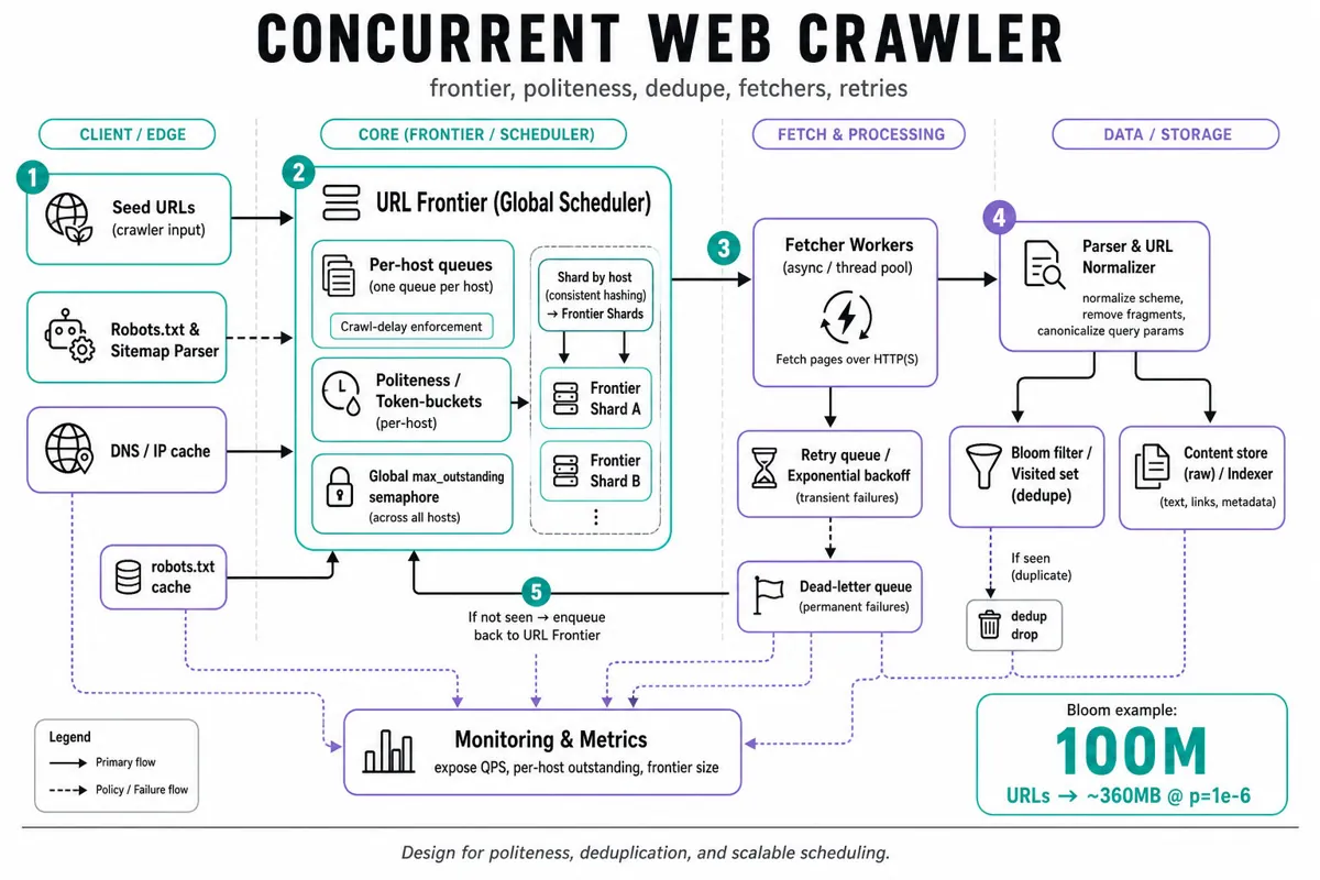 Clean boxes-and-arrows system diagram of a concurrent web crawler: seeds → URL frontier (scheduler + per-host queues) → politeness/rate-limit → fetcher workers → parser/normalizer → Bloom-filter dedupe + storage/indexer; robots.txt, DNS cache, retry/dead-letter, and sharded frontier shown.