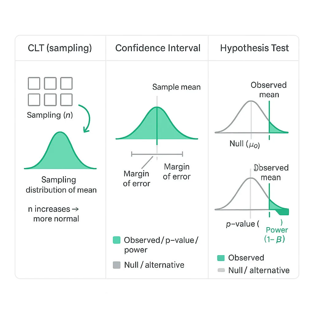 Three-panel educational diagram: CLT sampling distribution, confidence interval on sample mean, and hypothesis test showing p-value, Type I/II errors and power.