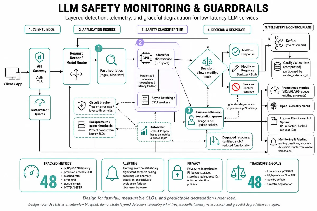 Clean architecture infographic showing LLM safety pipeline: client → API gateway → fast heuristics → classifier microservice (GPU pool) → human-in-loop fallback; Kafka telemetry, Prometheus metrics, OpenTelemetry traces, logs, autoscaler, circuit breaker, and degraded-response path.