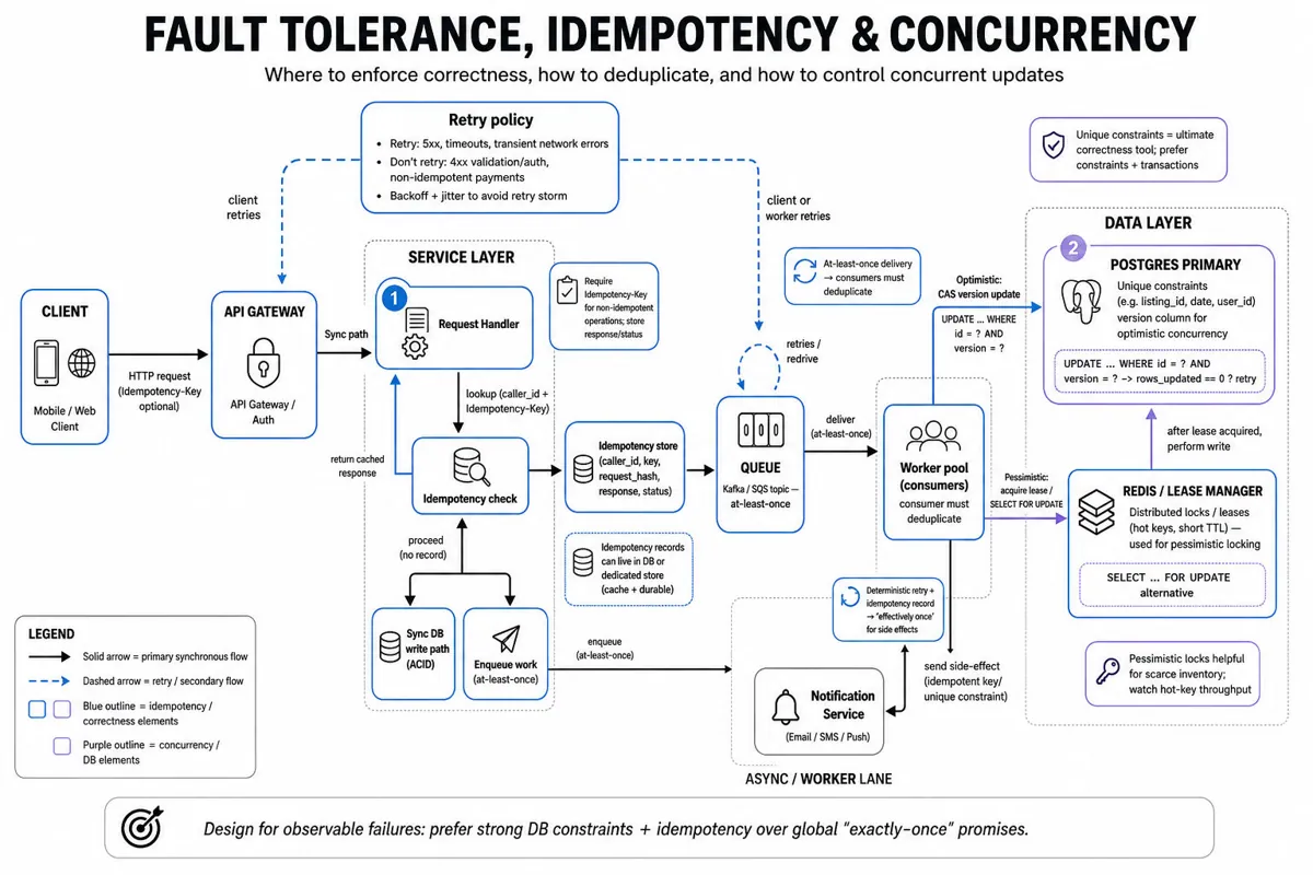 Layered architecture diagram showing API Gateway, idempotency store, queue, worker pool, Postgres with unique constraints/version, Redis lease locks, arrows labeled for idempotency check, at-least-once delivery, optimistic vs pessimistic control