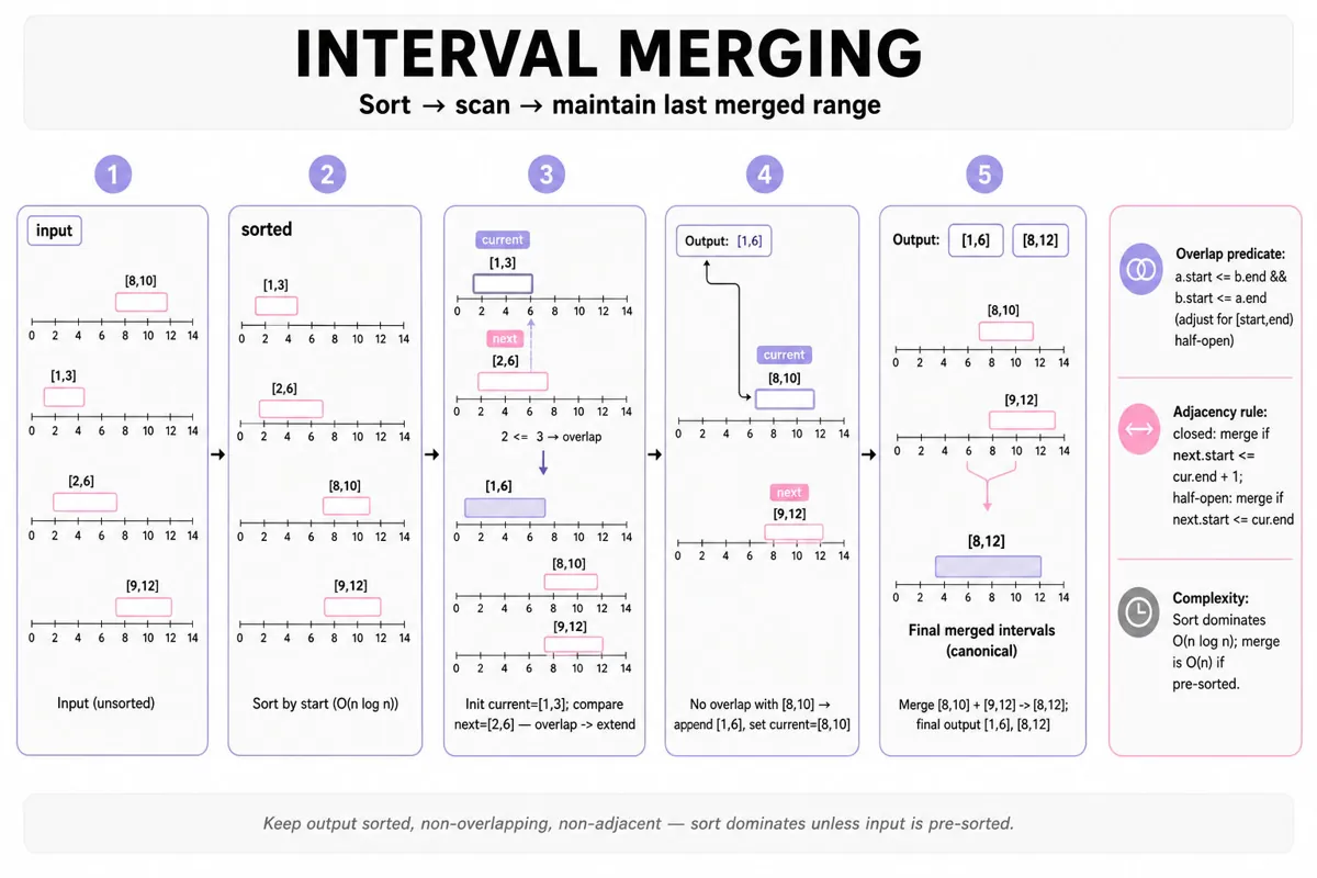 Five-step horizontal trace showing sort-and-scan interval merging on small example; frames show number lines with intervals, pointer labels, captions, and a compact legend with overlap/adjacency rules and complexity.
