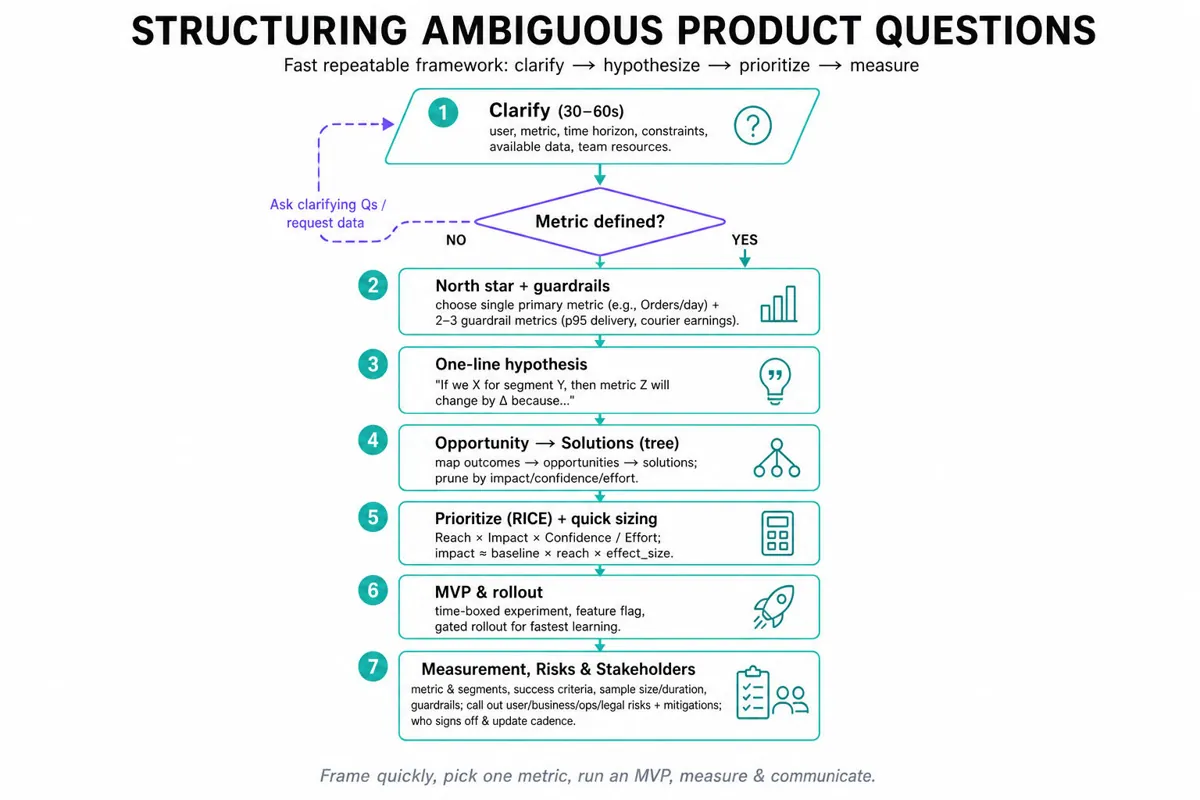 Top-to-bottom flowchart infographic showing 8-step framework for structuring ambiguous product questions: Clarify, Metric check, North star & guardrails, Hypothesis, Opportunity→Solutions, Prioritize (RICE), MVP & rollout, Measurement/Risks/Stakeholders with a dashed loop back to Clarify when metric