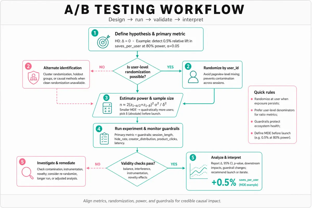 Top-to-bottom flowchart showing A/B testing workflow: define hypothesis & metric, choose randomization unit, estimate power/sample size, run experiment & monitor guardrails, check validity, then analyze or investigate failures.