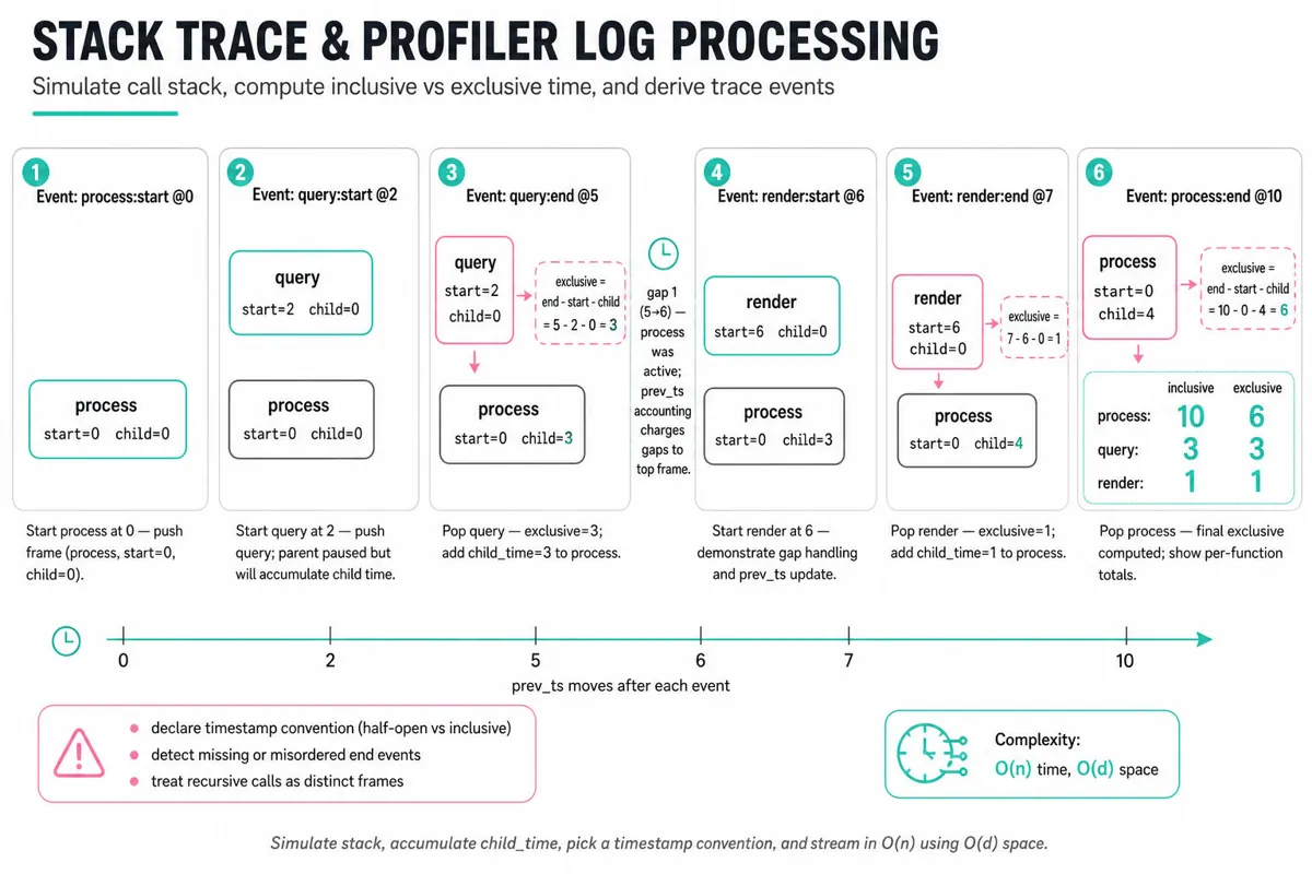 Horizontal 6-step trace infographic that shows stack simulation for profiler logs: at each step a log event, the call-stack (fn, start_ts, child_time), a short caption, timeline ticks, and calculations of exclusive/inclusive times.