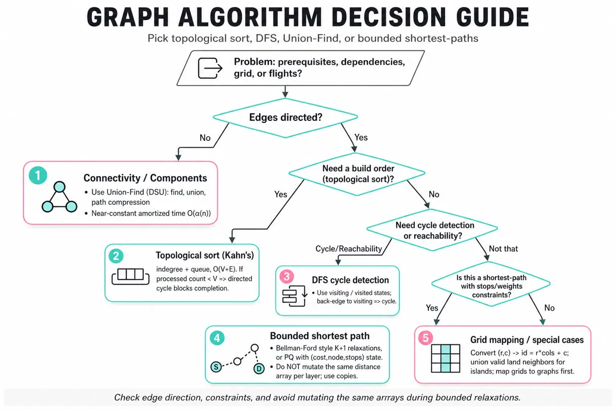 Top-to-bottom flowchart decision guide for choosing graph algorithms: directed? topological sort? DFS cycle detection? Union-Find? bounded shortest path? grid mapping. Clean editorial infographic.