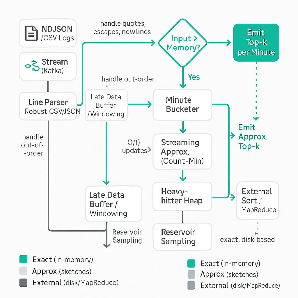 Diagram of a streaming/top-k pipeline: log ingest → parser → minute buckets → user-count hashmap → per-minute min-heaps for top-k; alternatives: Count-Min sketch, reservoir sampling, external sort; late-data buffer and outputs.
