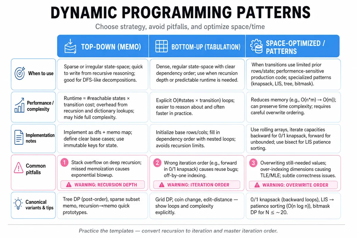 Three-column comparison table: Top-down memoization vs Bottom-up tabulation vs Space-optimized / patterns, showing when to use each, complexity, implementation notes, common pitfalls, and canonical variants.