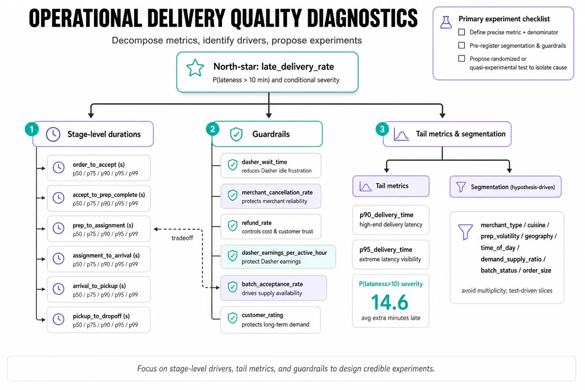 Top-down metric tree: north-star 'Late delivery rate' at top branching into Stage-level decomposition (order→prep→pickup→travel durations), Guardrail metrics, and Tail & segmentation metrics.