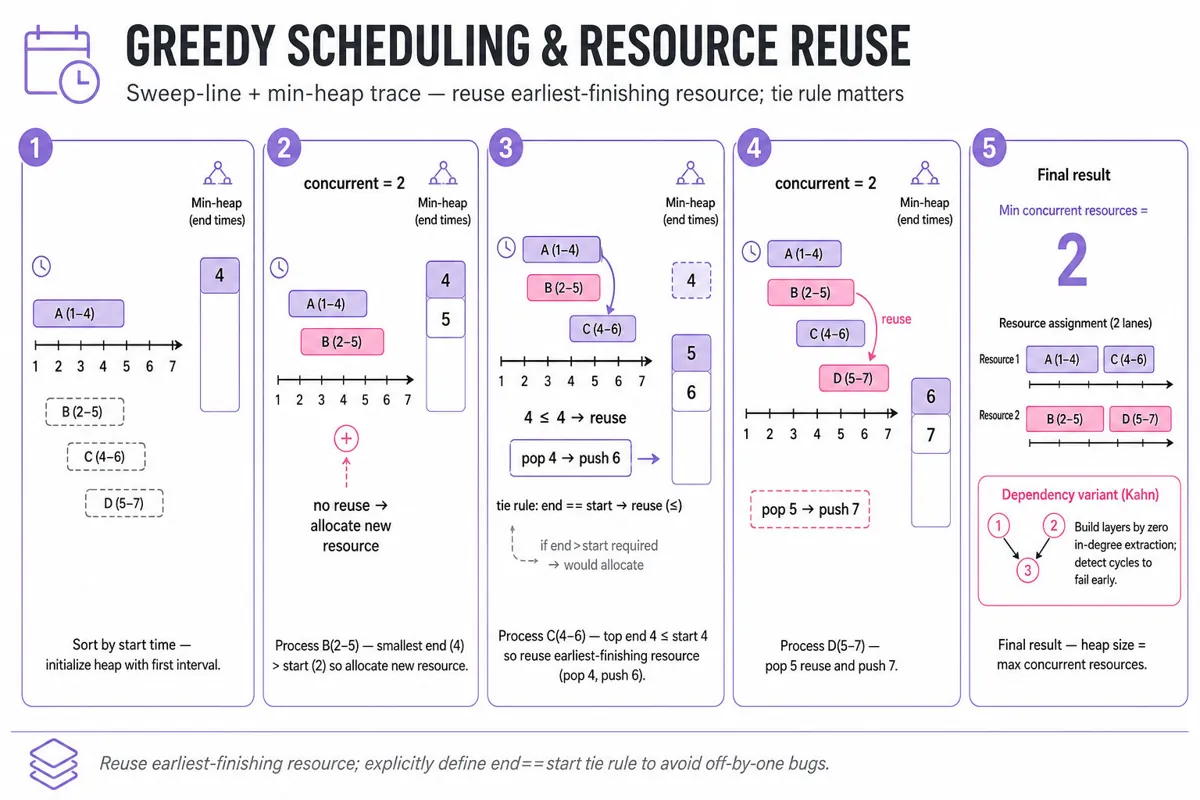 Left-to-right 5-frame trace of greedy interval scheduling: timelines with intervals A-D on a 1–7 time axis, min-heap of end-times shown in each frame, reuse arrows when end ≤ start, final callout 'Min concurrent resources = 2' and a small inset note about Kahn layering and end==start tie rule.