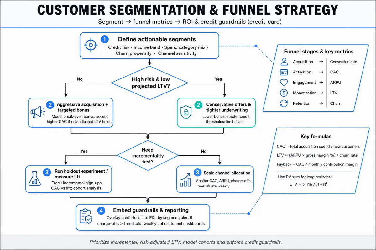 Top-to-bottom decision flowchart showing steps: define actionable customer segments, decision on high-risk vs low-risk, acquisition actions, experiment holdouts, scaling, and guardrails; with side callouts listing funnel stages and key formulas (CAC, LTV, payback).