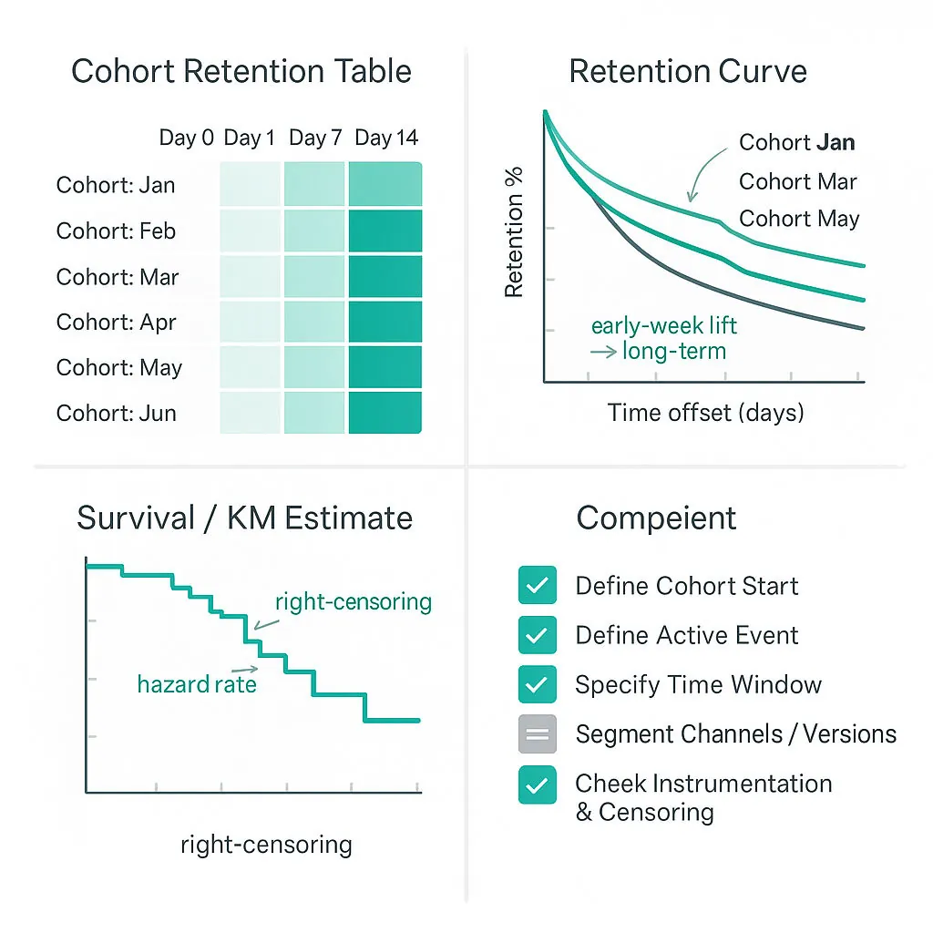Educational diagram showing a cohort heatmap, retention curves, Kaplan–Meier survival curve, and annotated best-practice checklist for retention/cohort analysis.