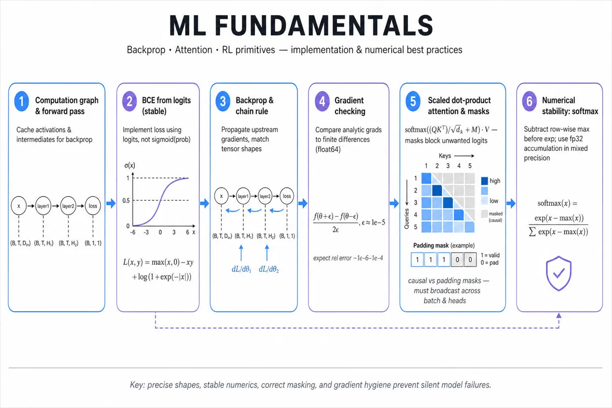 Horizontal infographic pipeline showing ML fundamentals: computation graph & backprop, BCE-from-logits, gradient checking, attention+masking, numerically stable softmax. Clean editorial style.