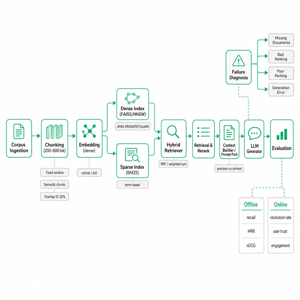 Clean pipeline diagram showing RAG flow: ingestion → chunking → embedding → dense & sparse indexing → hybrid retrieval → rerank → context builder → LLM generation → evaluation, plus diagnostic failure branches.