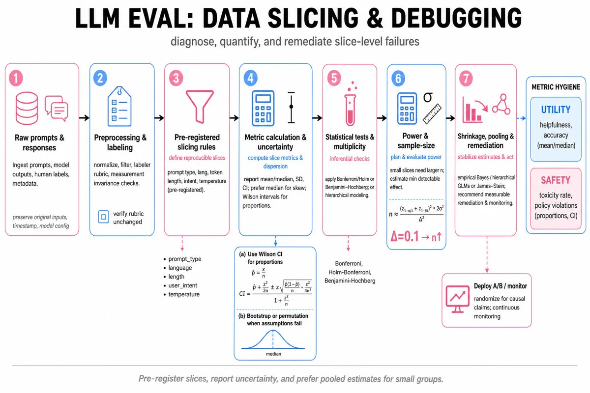 Landscape infographic: left-to-right pipeline of LLM evaluation — raw data → preprocessing → pre-registered slicing → metrics & uncertainty (CI, bootstrap) → tests & multiplicity corrections → shrinkage/pooling → remediation & monitoring, with icons and key formulas.