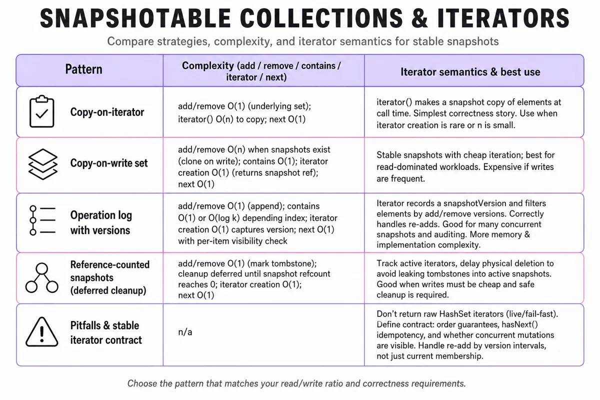 Three-column comparison table of five snapshot strategies for collections (Copy-on-iterator, Copy-on-write, Operation-log with versions, Reference-counted snapshots, Pitfalls/contract) showing complexities and iterator semantics.