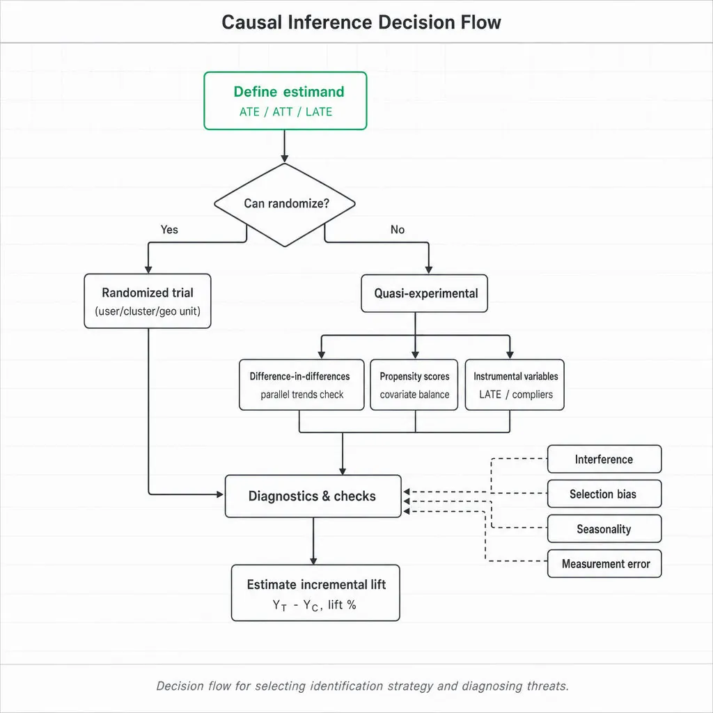 Top-to-bottom decision flowchart for causal inference and incrementality showing 'Define estimand' (highlight), randomize? decision, RCT vs quasi-experimental branches, diagnostics and common threats.