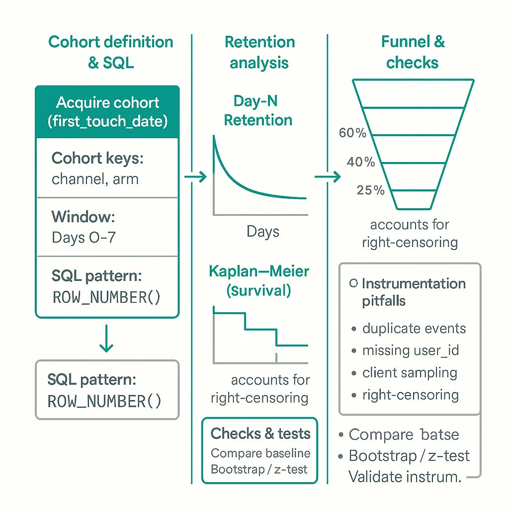 Three-panel educational diagram: cohort definition & SQL patterns; retention curves including Kaplan–Meier; funnel (Signup→Onboard→Activate→Purchase) with instrumentation pitfalls and checks.