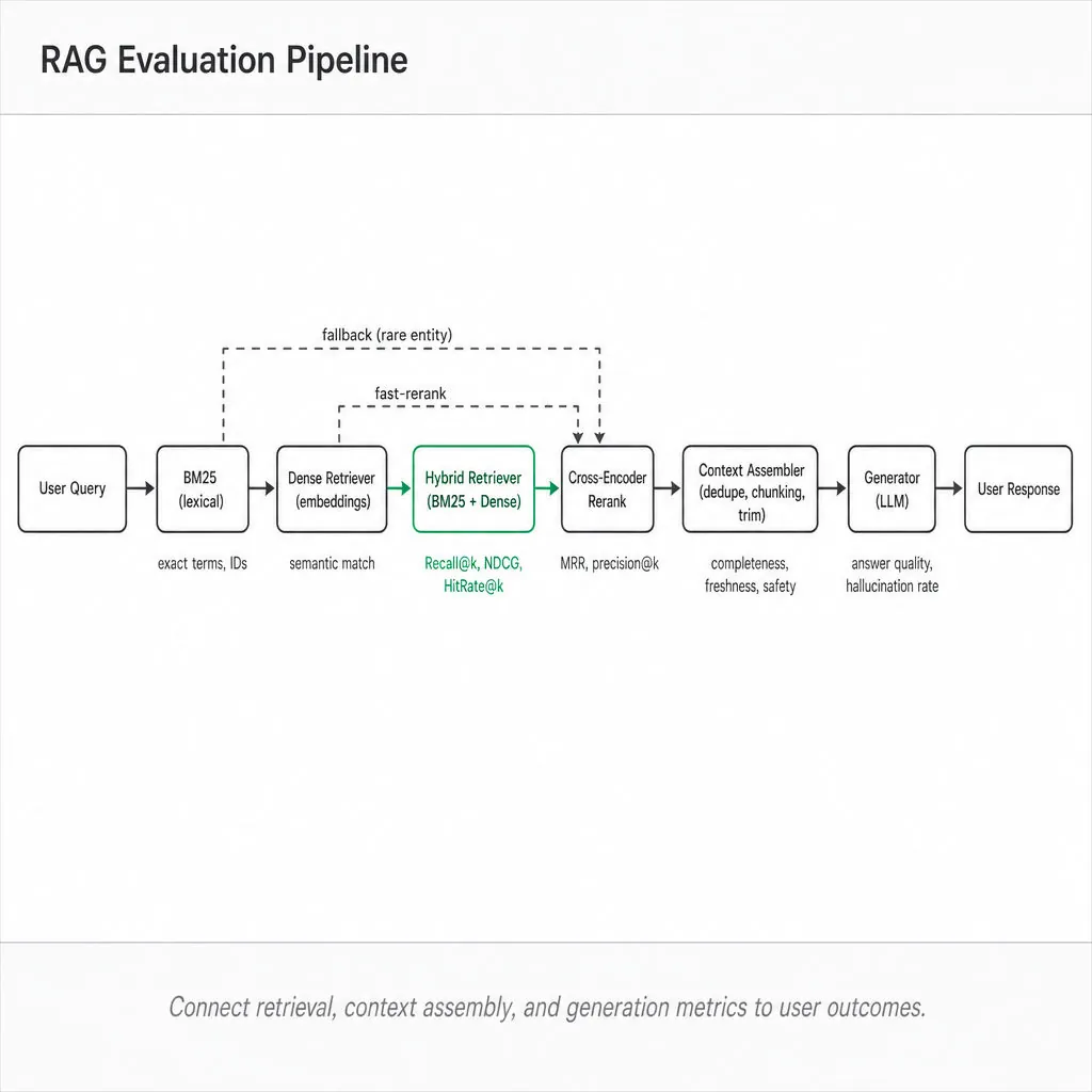Horizontal pipeline diagram of RAG evaluation stages from Query through retrieval (BM25, Dense, Hybrid), rerank, context assembly, generator, with evaluation metrics annotated per stage.