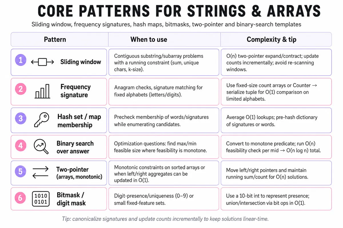 Three-column comparison table of six algorithmic patterns (Sliding window, Frequency signature, Hash map membership, Binary search over answer, Two-pointer monotonic, Bitmask digits) with when-to-use guidance and complexity/tips.