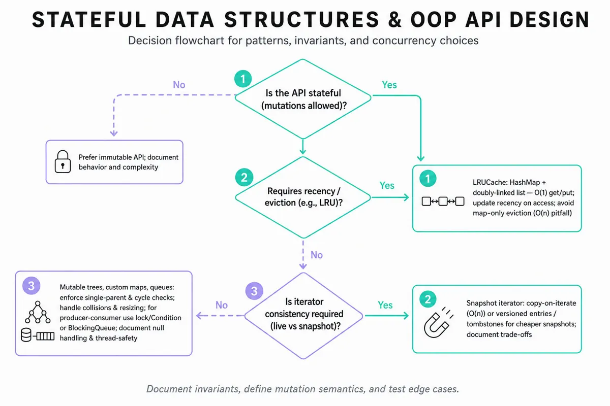 Top-to-bottom decision flowchart guiding choices for stateful data structure and OOP API design: immutable vs stateful, LRU vs snapshot iterator, and design checklist for trees, maps, and queues.