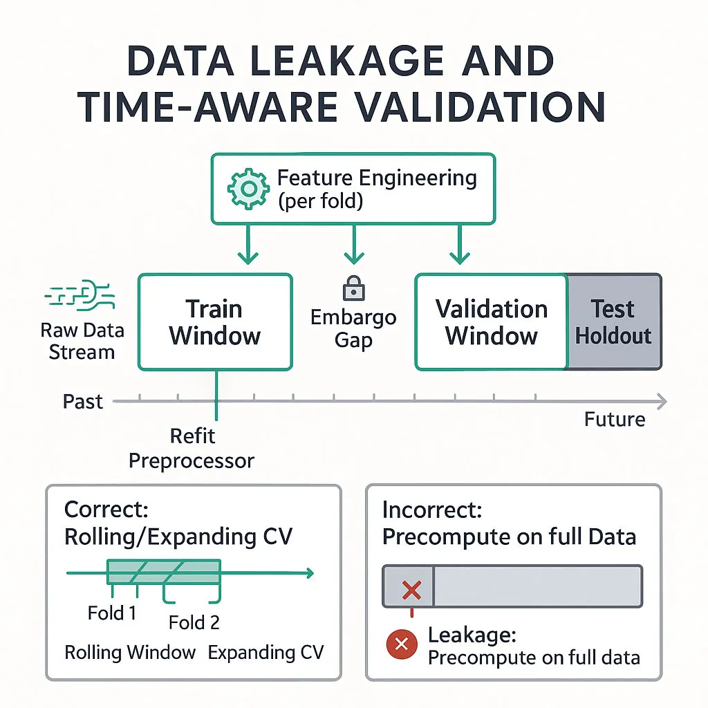 Timeline diagram showing train, embargo, validation, and final holdout windows; feature engineering refit per fold; rolling/expanding CV insets; incorrect full-data precompute leakage highlighted.