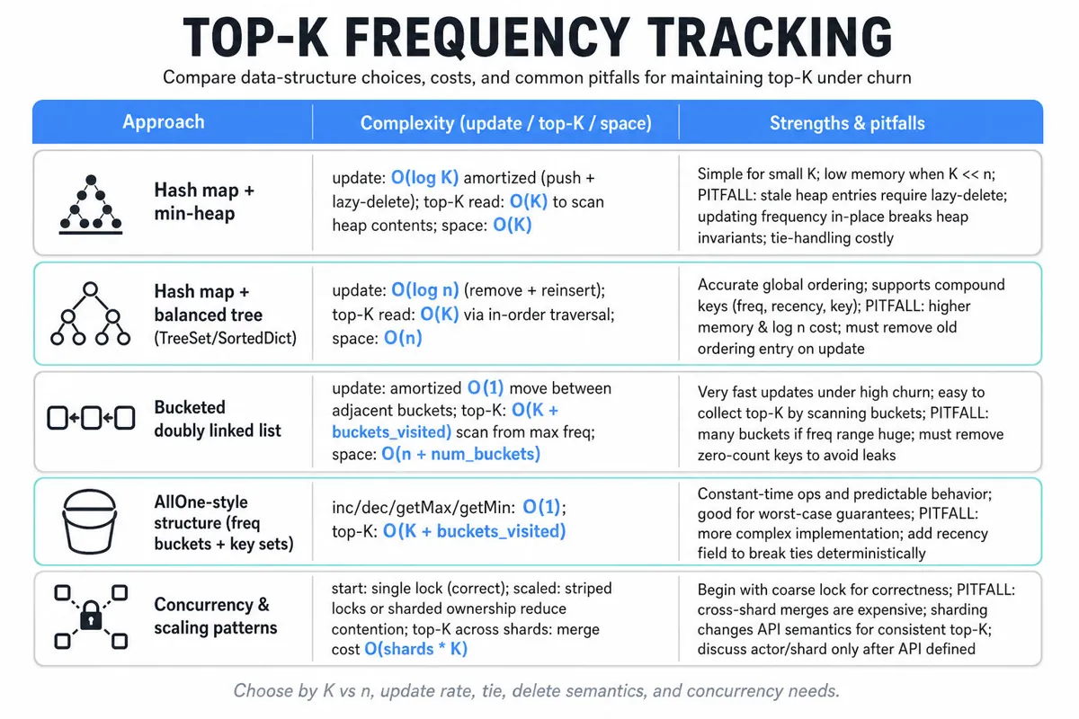 Three-column editorial infographic comparing top-K frequency tracking approaches: min-heap+hash, balanced tree, bucketed linked list, AllOne, and concurrency patterns with complexities, strengths, and pitfalls.