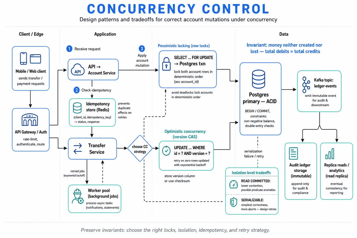 Left-to-right architecture infographic showing clients → API gateway → account/transfer services with idempotency store, two concurrency paths (pessimistic locking vs optimistic CAS) to Postgres, Kafka events and audit ledger, plus worker pool and replica reads.