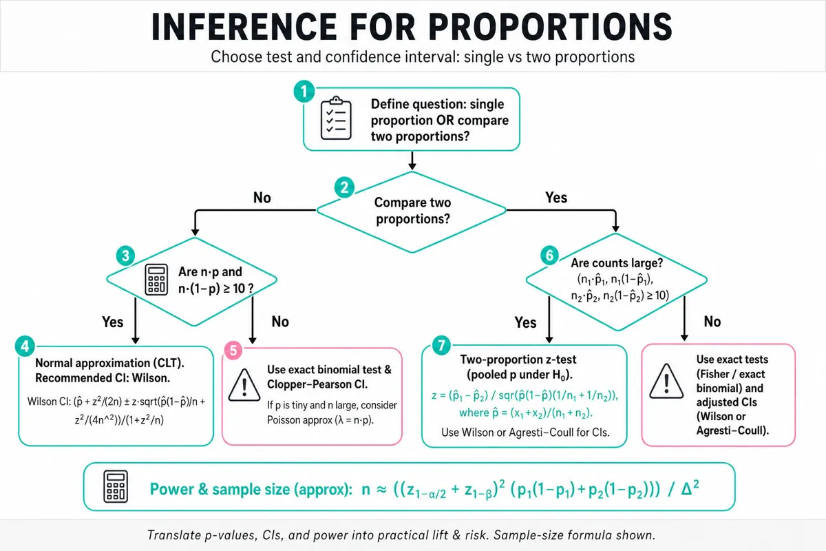 Top-to-bottom decision flowchart showing when to use normal approximation, exact binomial, Poisson, two-proportion z-test, and recommended CIs (Wilson / Agresti–Coull).