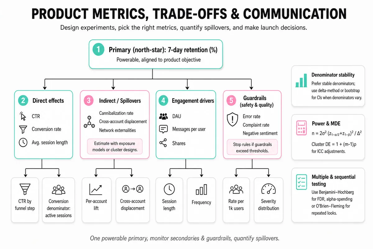 Hierarchical infographic with a north-star metric at the top branching into direct effects, indirect/spillovers, engagement, and guardrails, with small annotated callouts for power, denominators, and testing.